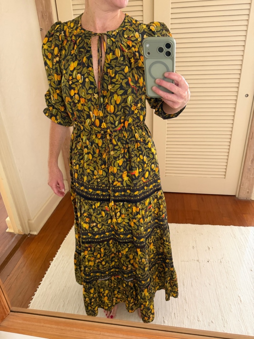 FARM Rio Olive Green, Black and Mustard Tropical Floral Tiered Maxi Dress